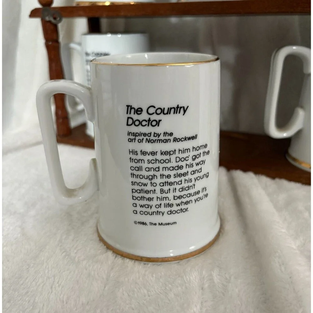 Vintage Norman Rockwell 1985-86 Mugs & Wooden Holder